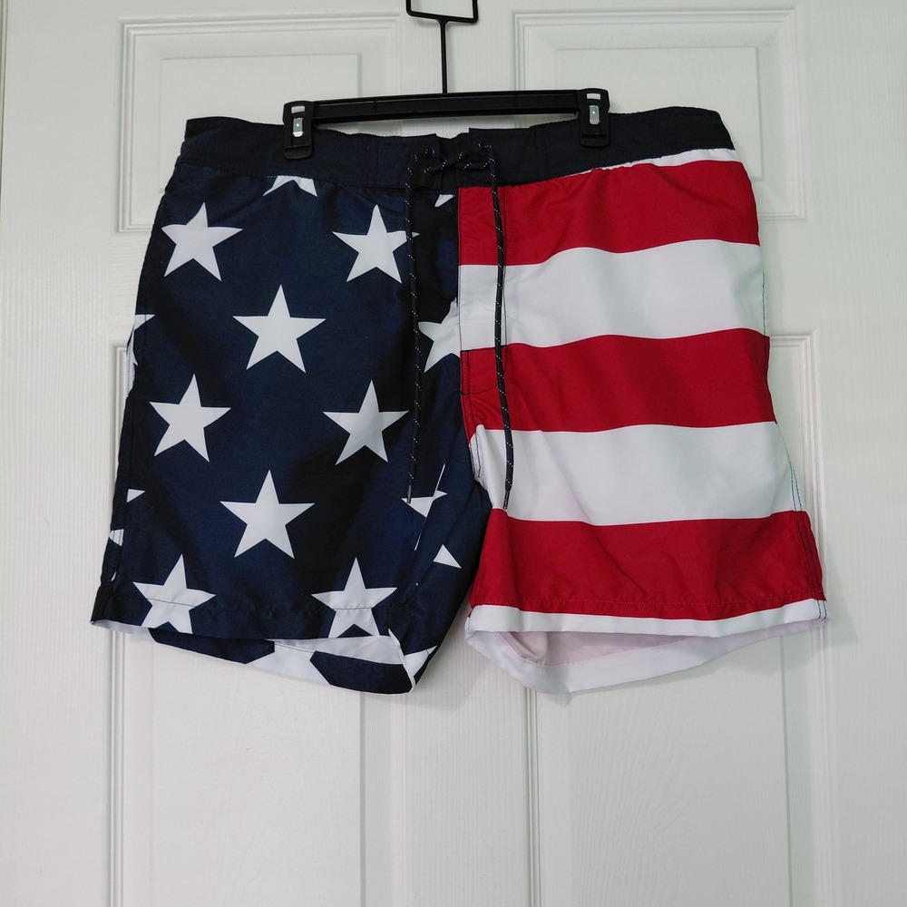 St Johns Bay Mens American Flag Swim Trunks XL Stars Stripes Board Shorts Red